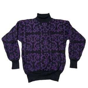 Vintage Meister Textured Knit Turtleneck Sweater Damask Purple Black Size Large